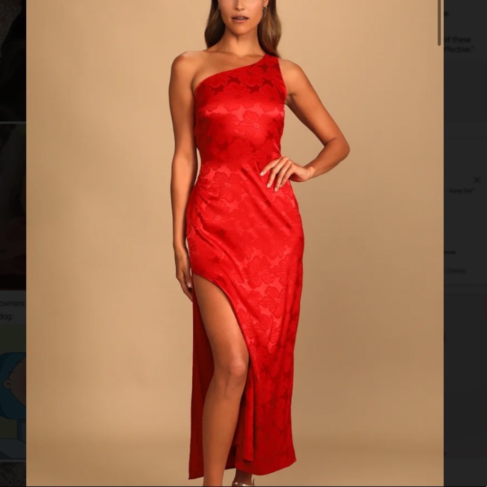Lulu’s red satin formal dress with delicate floral pattern